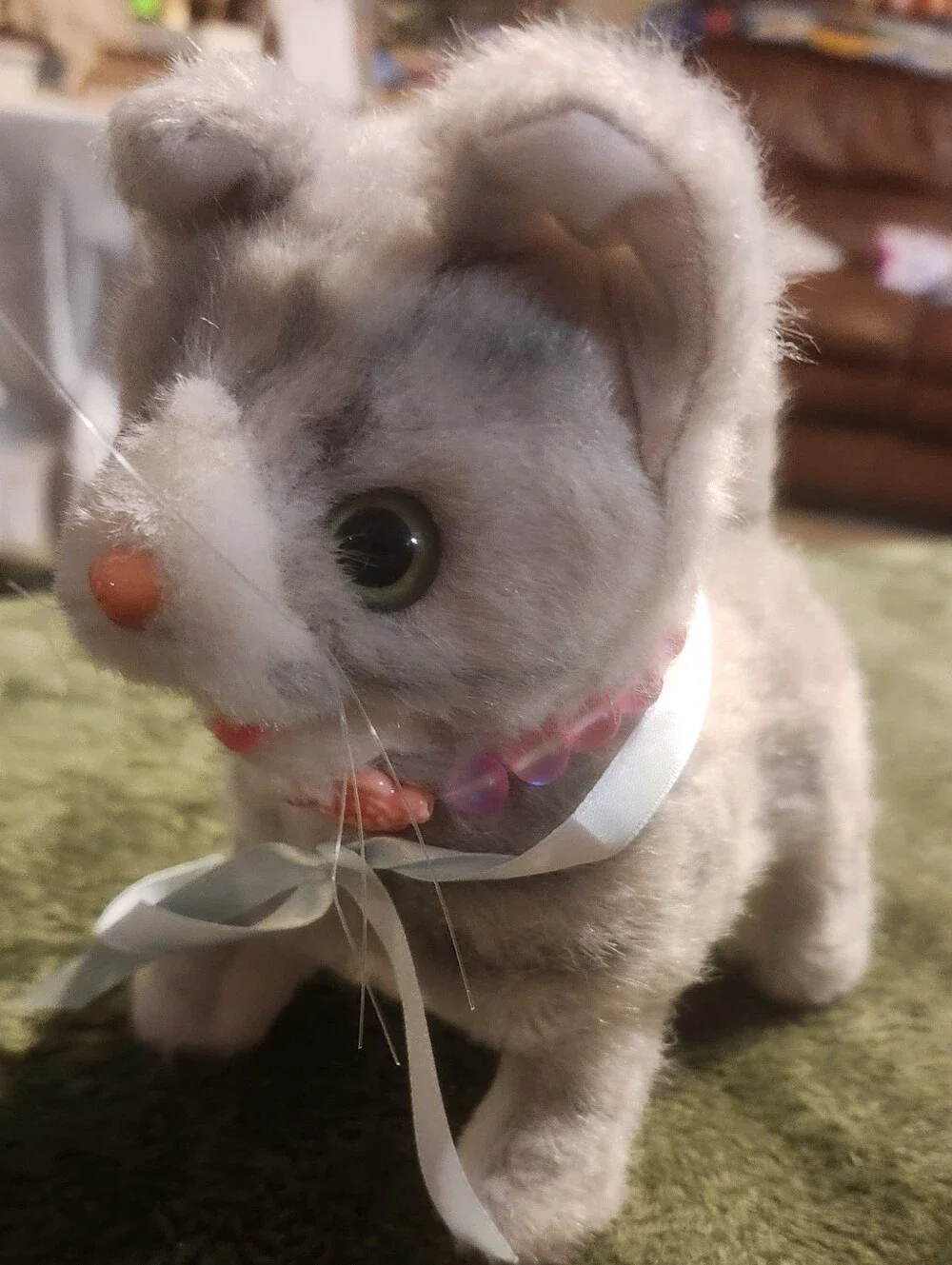 Plush Cat Toy - Cream/Gray Decorative Kitty with Ribbon